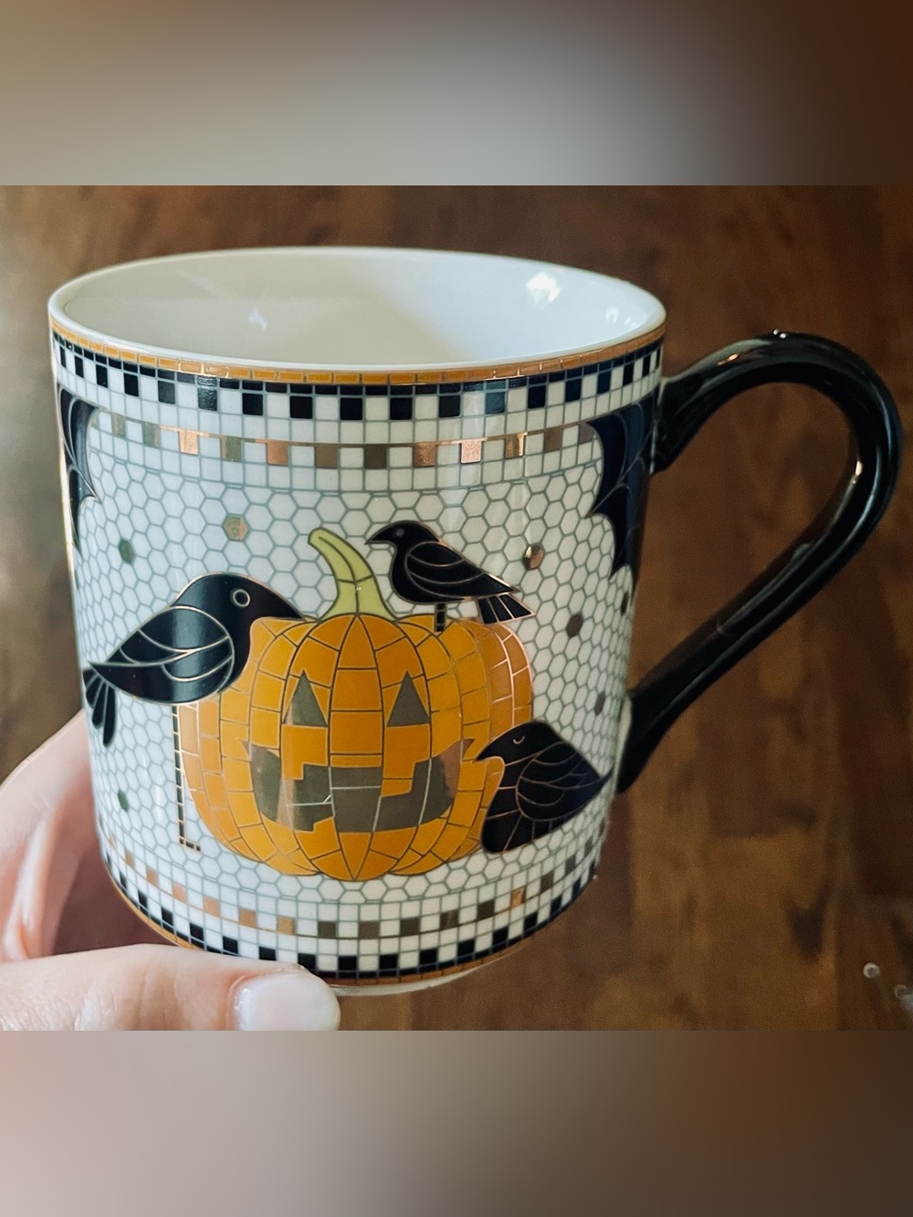 NEW Anthropologie Bistro Tile Halloween Coffee Pumpkin Crow Spiderweb 24K Gold